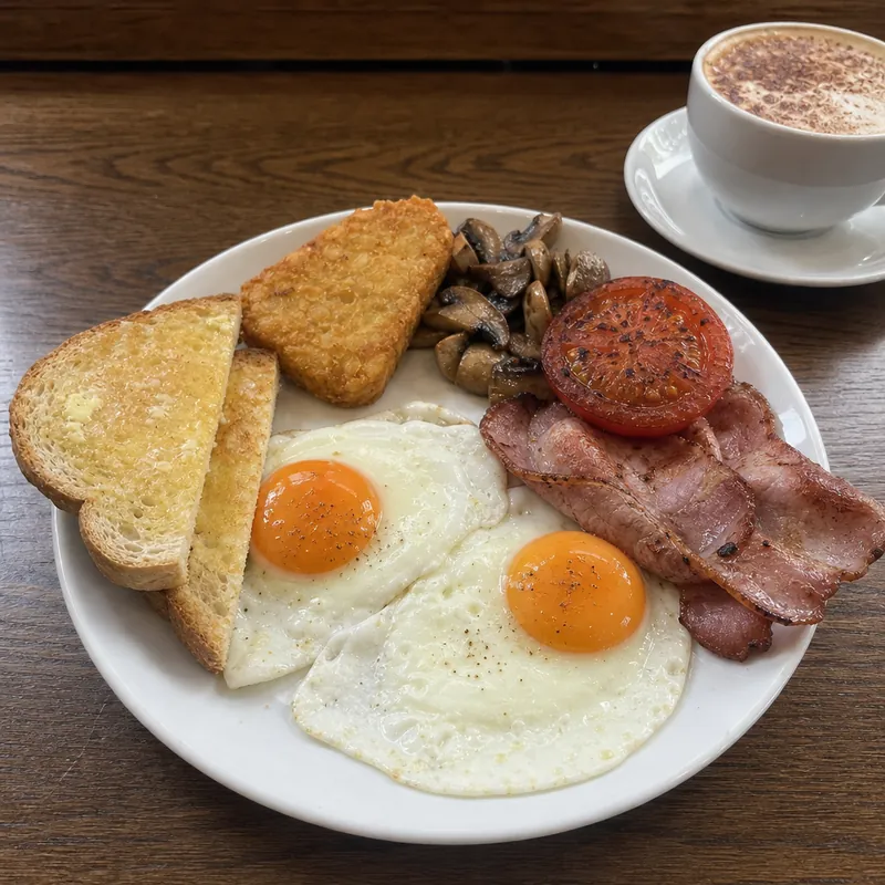 Big breakfast with eggs, bacon, mushrooms, tomato and toast