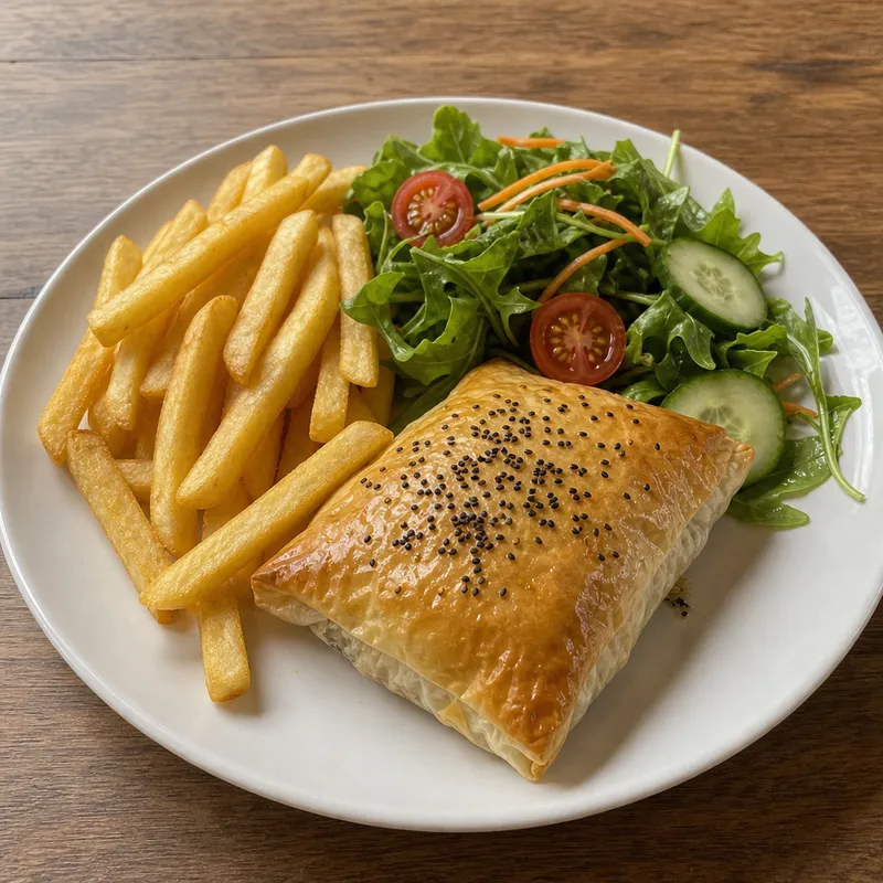 Chicken and mushroom filo with chips and salad