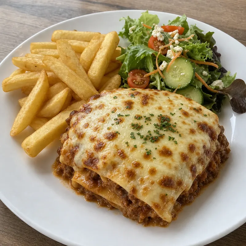 Baked beef lasagne with garden salad and chips